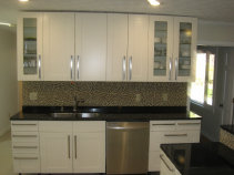 Georgia kitchen remodeling, white shaker cabinets, black granite, mosaic backsplash installation