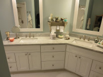 Roswell whitie shaker cabinets installation,  carrera marble countertop